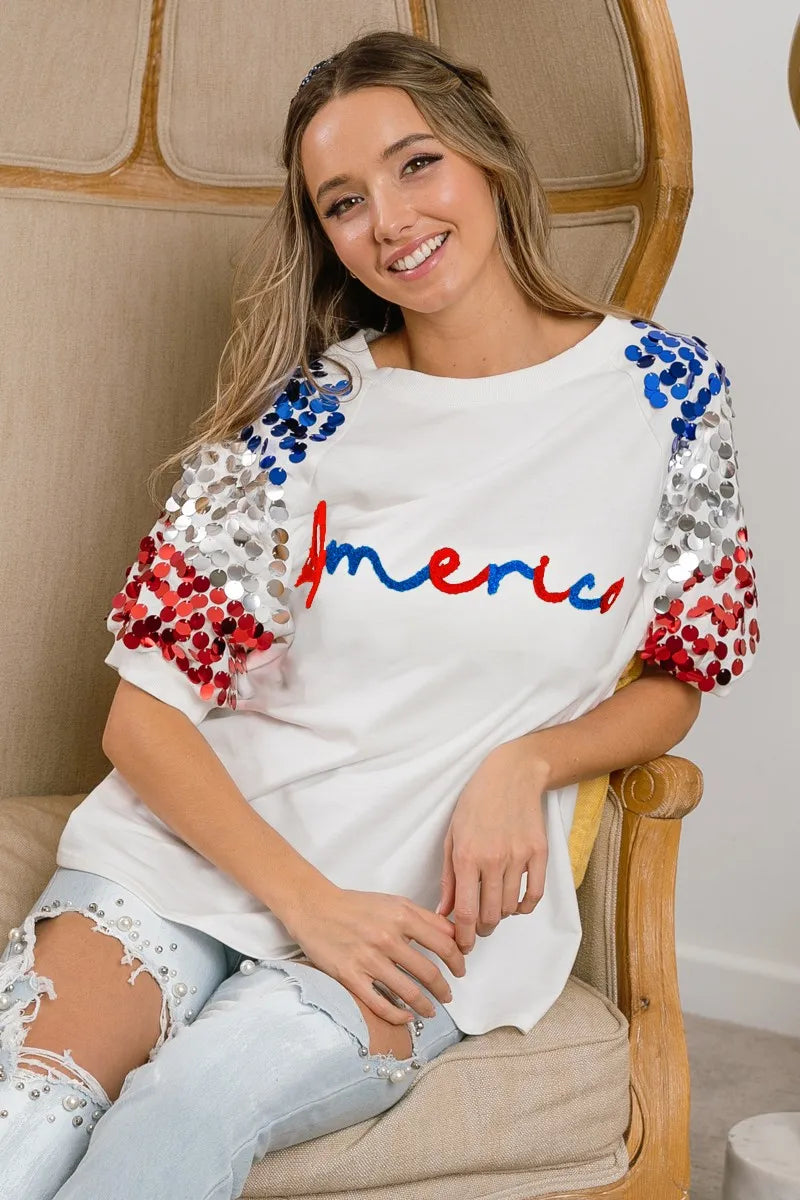 BiBi BiBi America Letter Applique Spangle Puff Sleeves Top