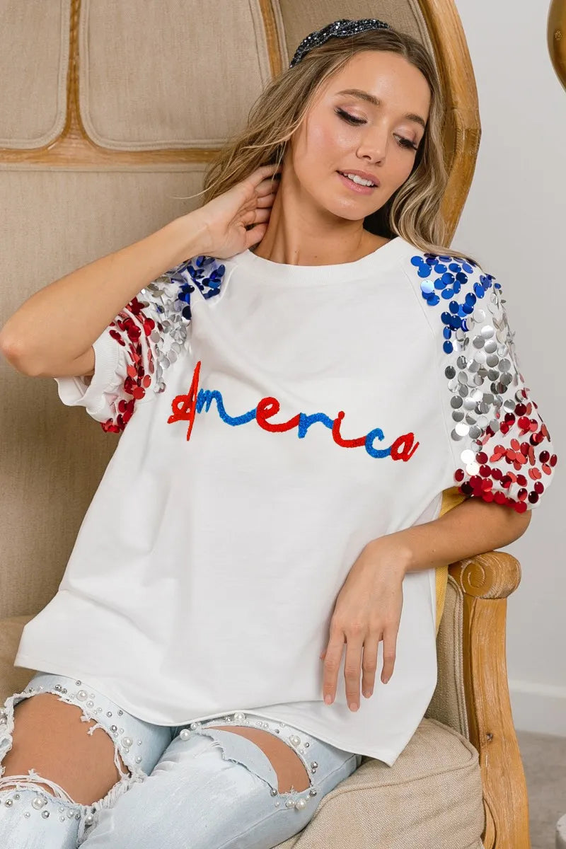BiBi BiBi America Letter Applique Spangle Puff Sleeves Top