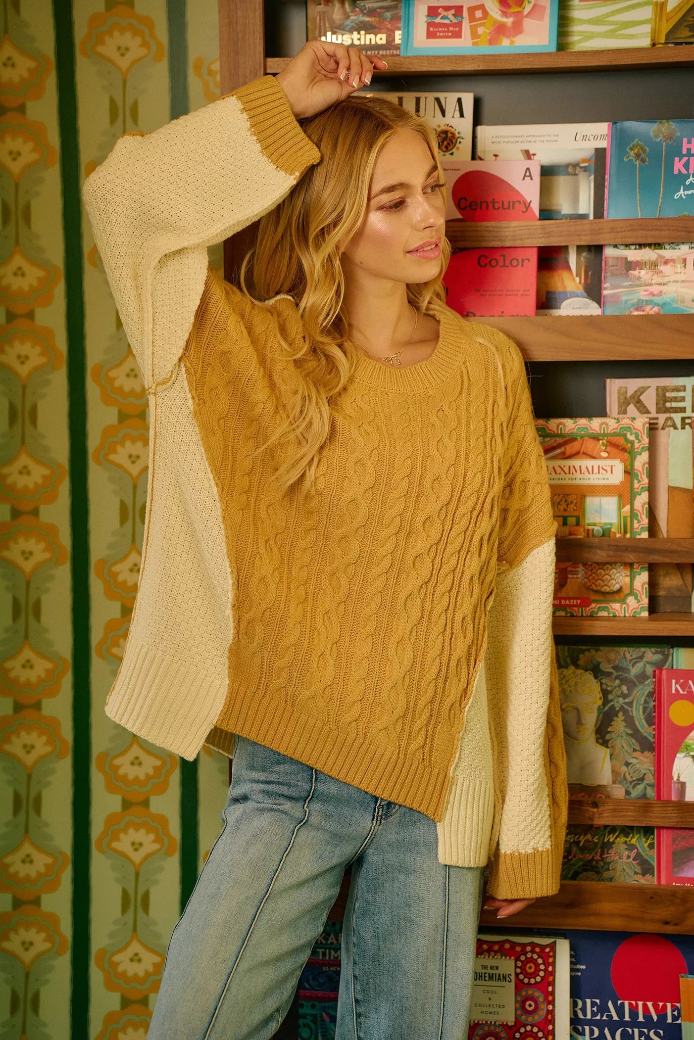 BiBi BiBi Cable Knit With Hacci Combo Sweater With Uneven Hem Detail