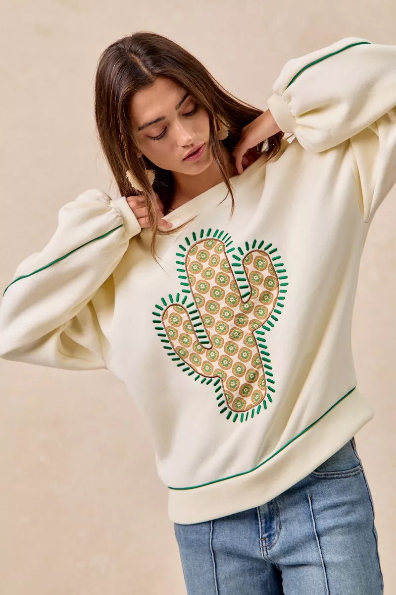 BiBi BiBi Cactus Embroidered Fleece Sweatshirt