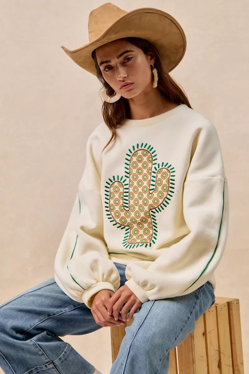 BiBi BiBi Cactus Embroidered Fleece Sweatshirt