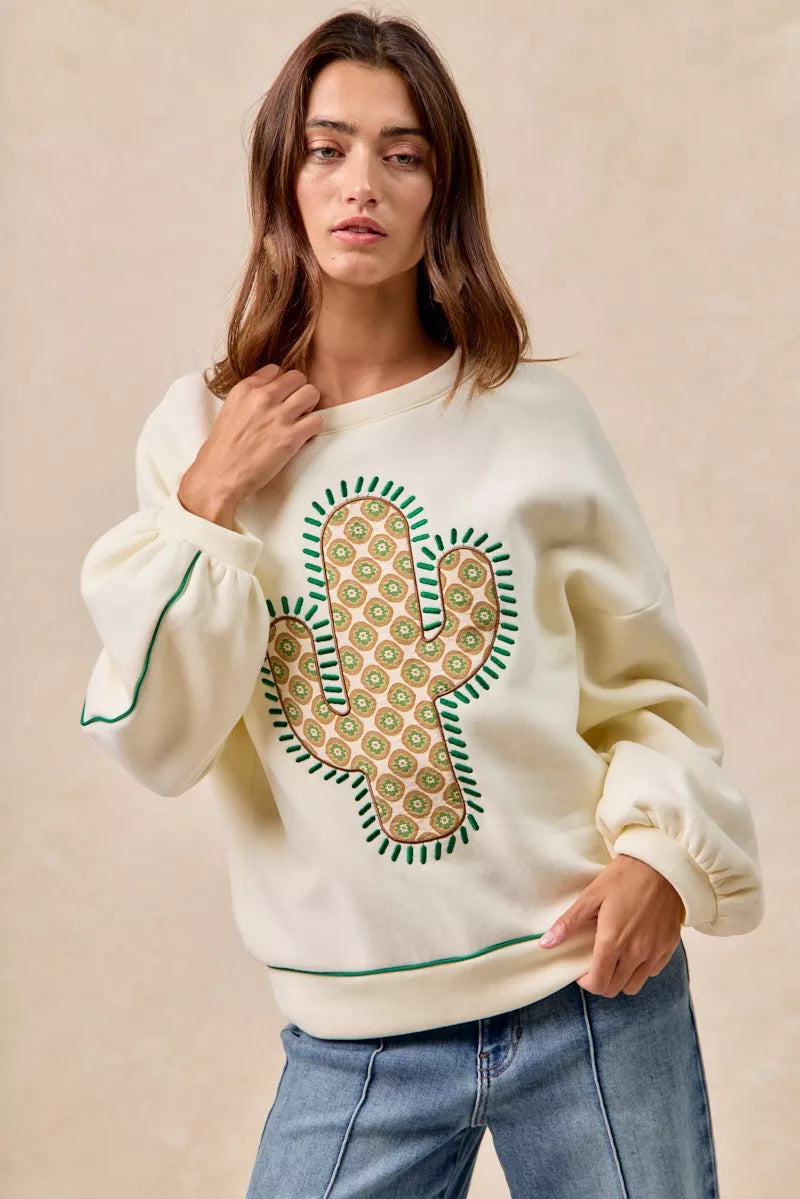 BiBi BiBi Cactus Embroidered Fleece Sweatshirt