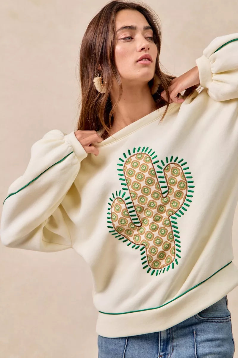 BiBi BiBi Cactus Embroidered Fleece Sweatshirt