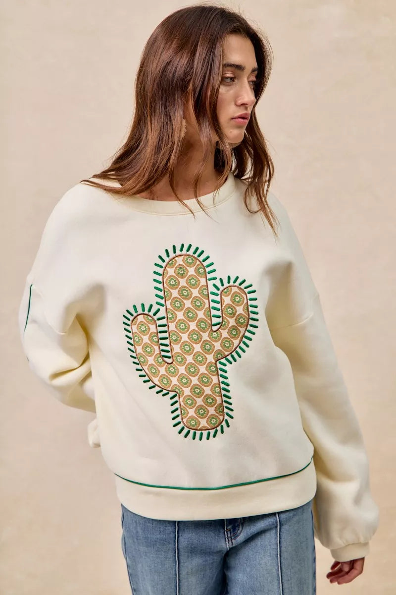 BiBi BiBi Cactus Embroidered Fleece Sweatshirt
