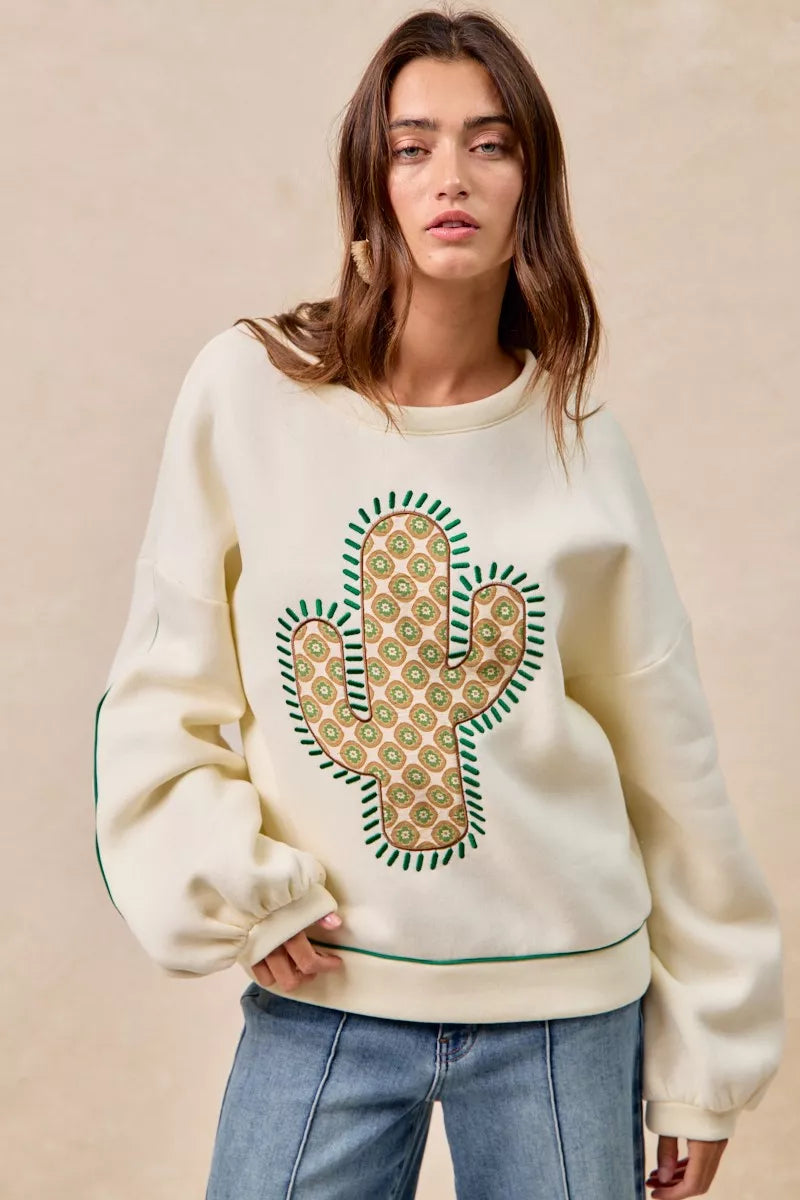 BiBi BiBi Cactus Embroidered Fleece Sweatshirt