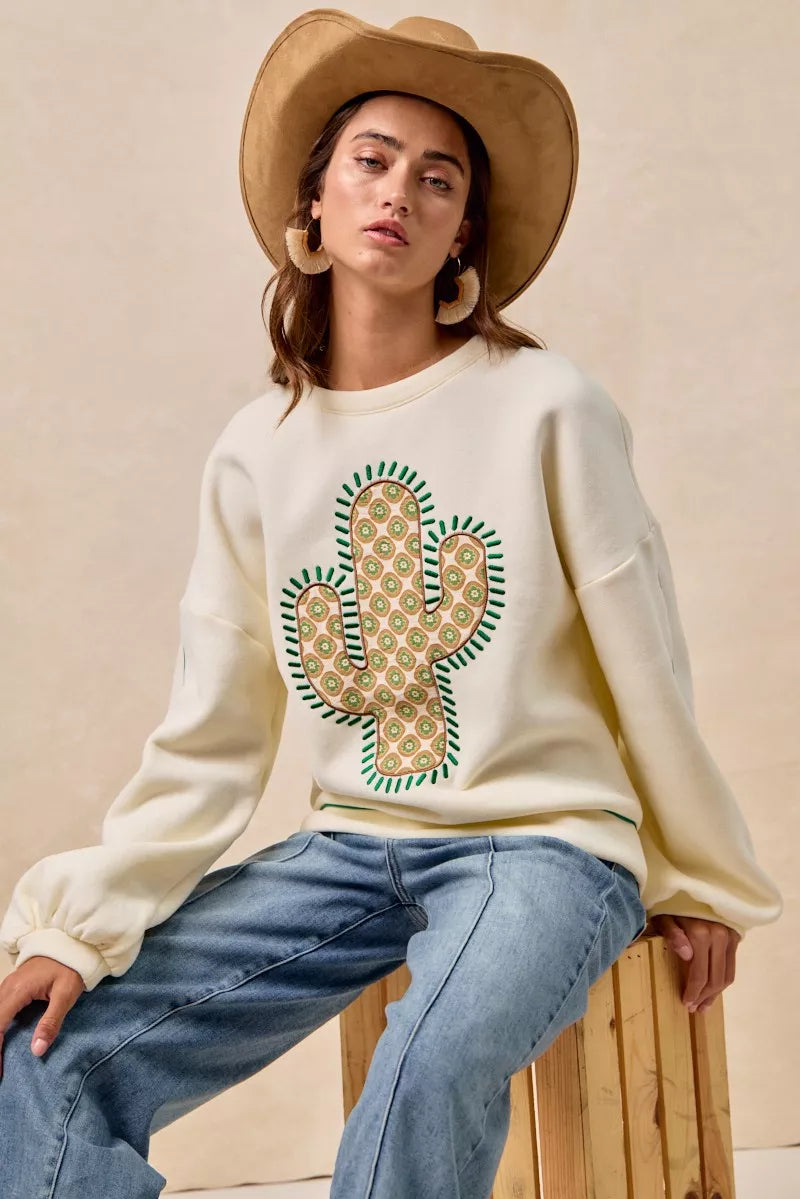 BiBi BiBi Cactus Embroidered Fleece Sweatshirt