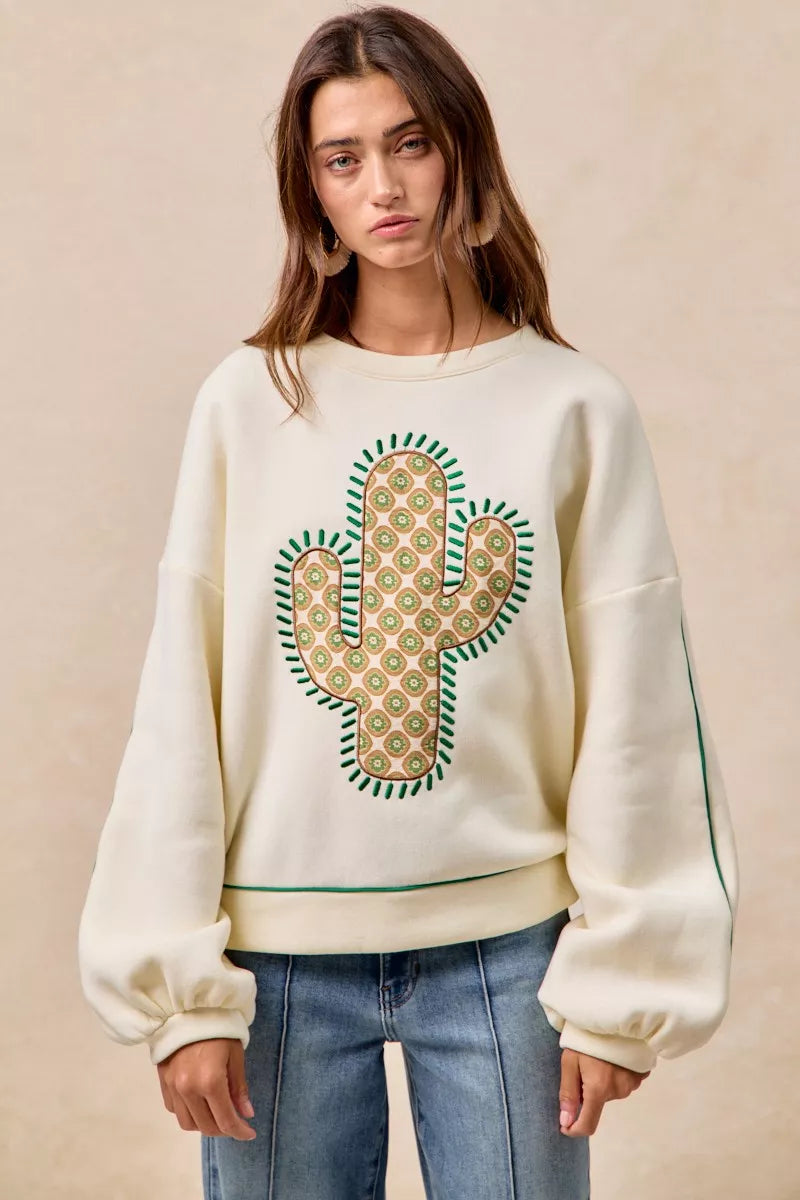 BiBi BiBi Cactus Embroidered Fleece Sweatshirt
