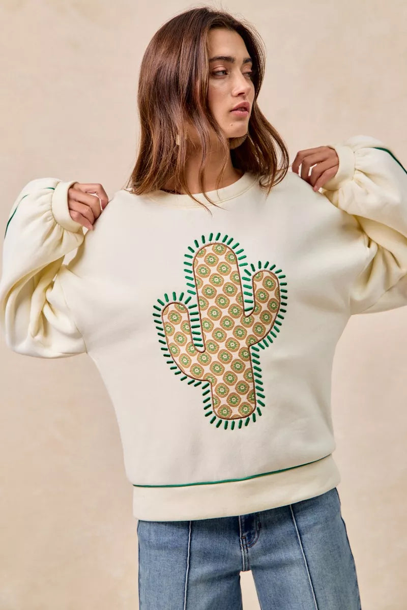 BiBi BiBi Cactus Embroidered Fleece Sweatshirt