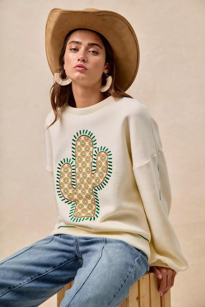 BiBi BiBi Cactus Embroidered Fleece Sweatshirt
