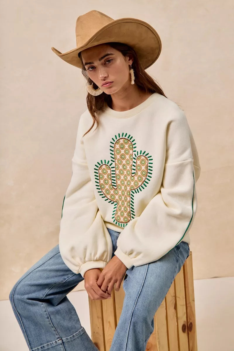 BiBi BiBi Cactus Embroidered Fleece Sweatshirt