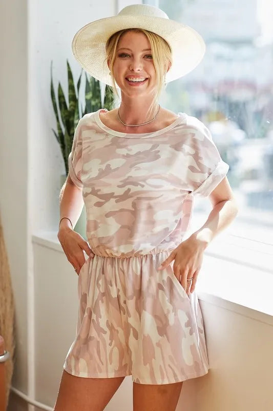 BiBi BiBi Camo Print French Terry Romper with Side Pockets