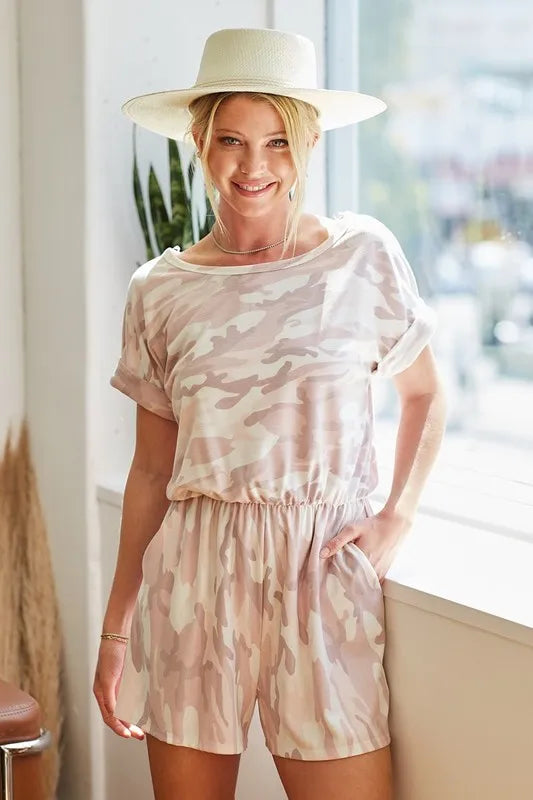 BiBi BiBi Camo Print French Terry Romper with Side Pockets