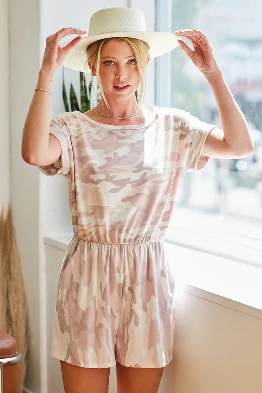 BiBi BiBi Camo Print French Terry Romper with Side Pockets