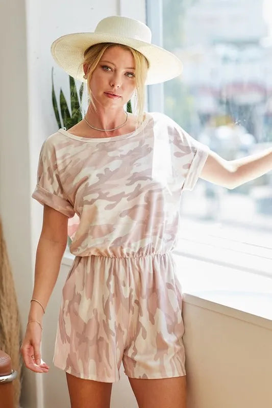 BiBi BiBi Camo Print French Terry Romper with Side Pockets