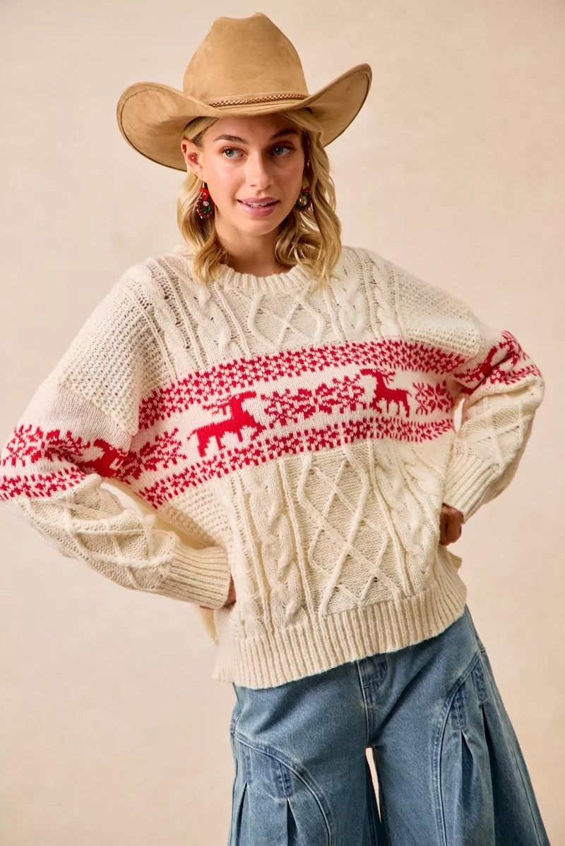BiBi BiBi Christmas Theme Patterned Cable Knit Sweater