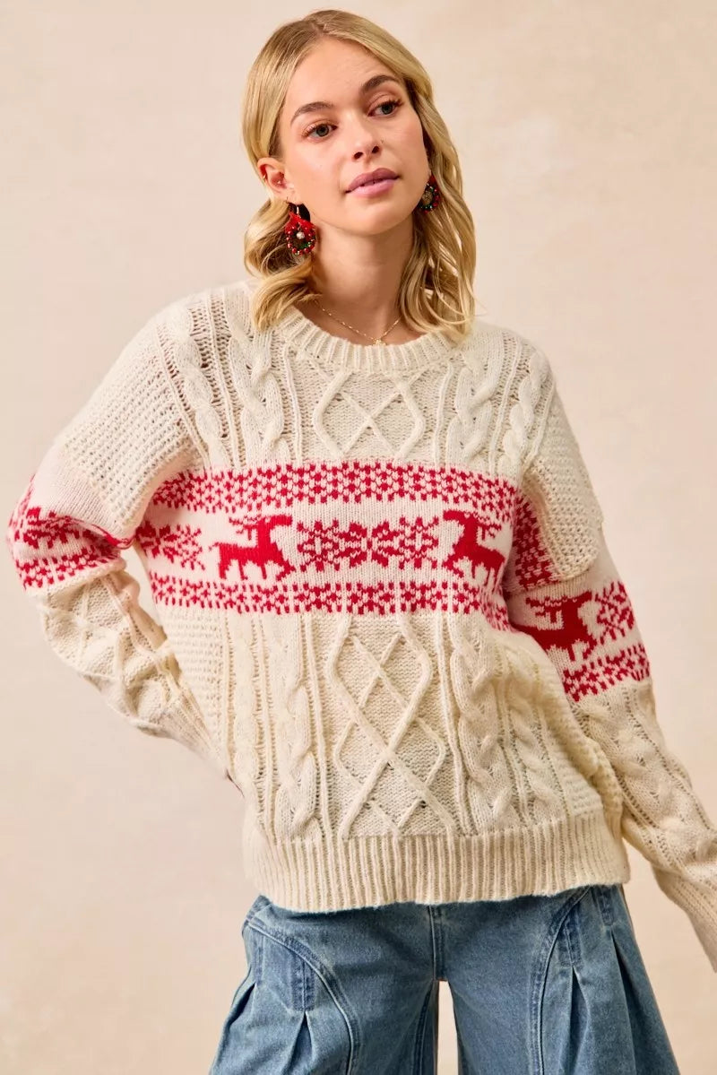BiBi BiBi Christmas Theme Patterned Cable Knit Sweater