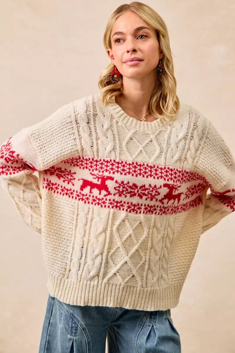 BiBi BiBi Christmas Theme Patterned Cable Knit Sweater