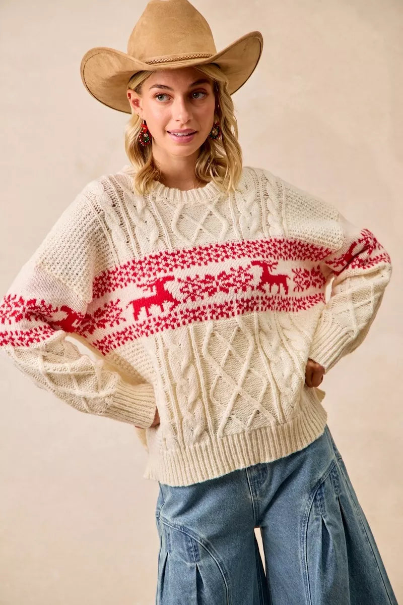 BiBi BiBi Christmas Theme Patterned Cable Knit Sweater