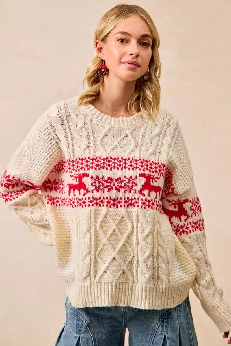 BiBi BiBi Christmas Theme Patterned Cable Knit Sweater