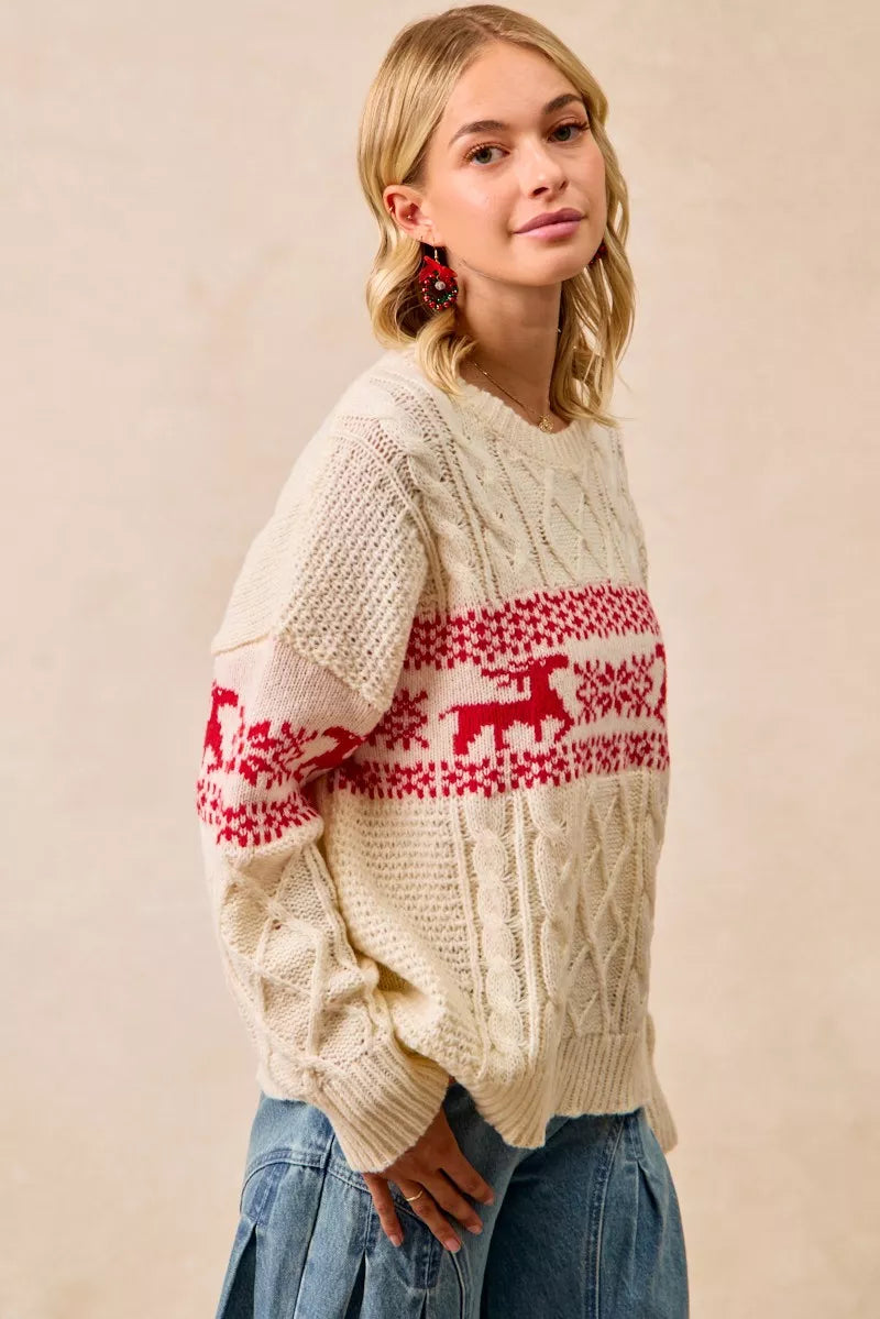 BiBi BiBi Christmas Theme Patterned Cable Knit Sweater