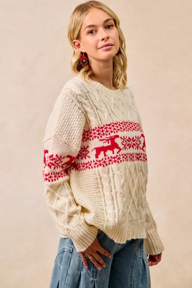 BiBi BiBi Christmas Theme Patterned Cable Knit Sweater