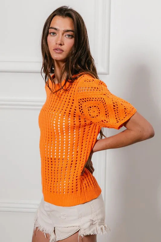 BiBi BiBi Crochet Knit Cover Up With Puff Sleeves