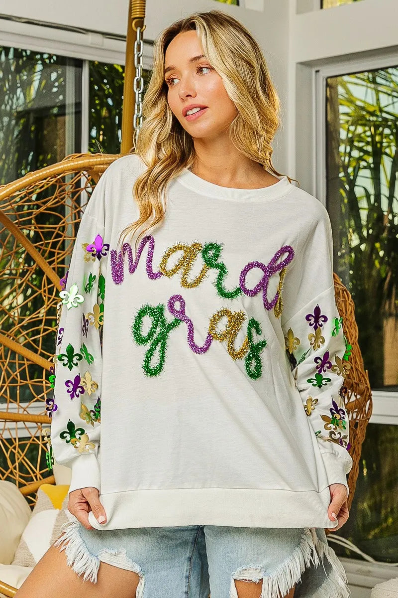 BiBi BiBi Fleur De Lis Sleeve Mardi Gras Pullover