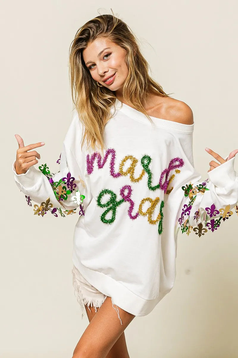 BiBi BiBi Fleur De Lis Sleeve Mardi Gras Pullover