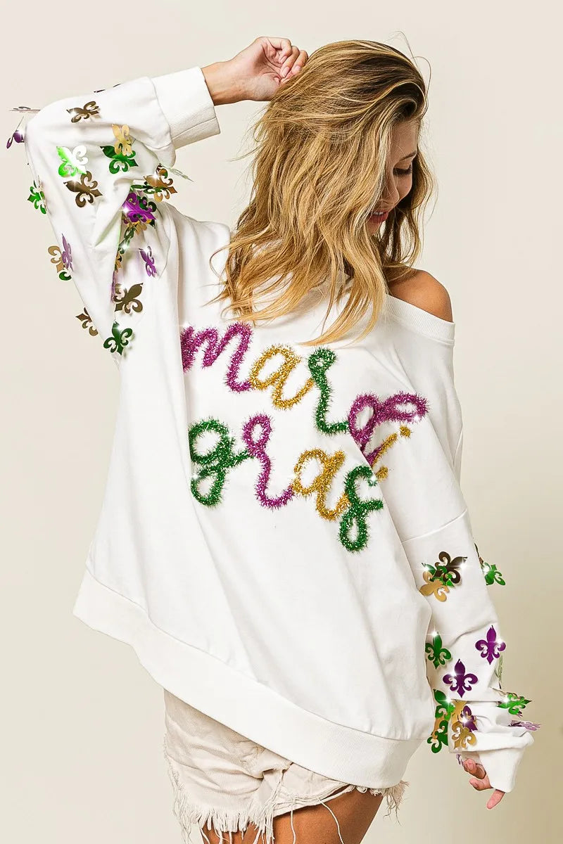 BiBi BiBi Fleur De Lis Sleeve Mardi Gras Pullover