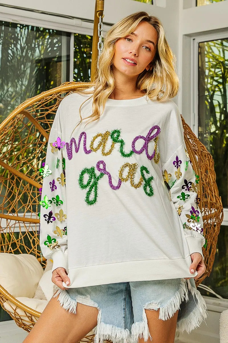 BiBi BiBi Fleur De Lis Sleeve Mardi Gras Pullover