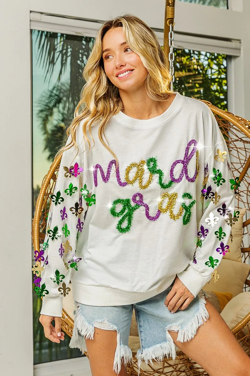 BiBi BiBi Fleur De Lis Sleeve Mardi Gras Pullover