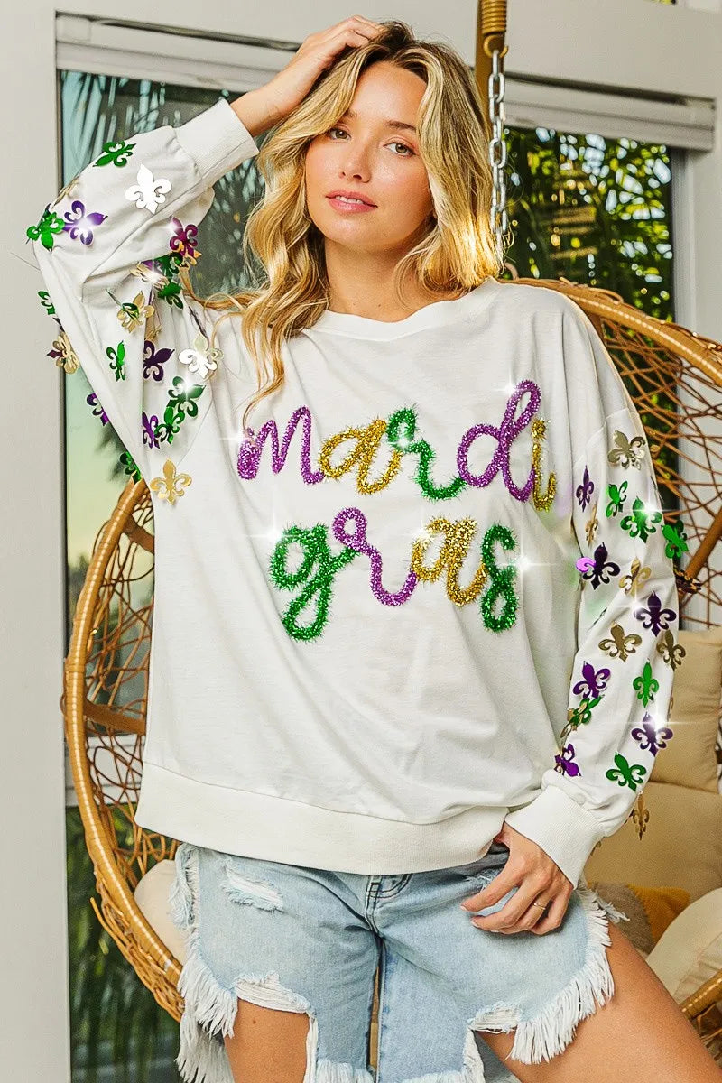 BiBi BiBi Fleur De Lis Sleeve Mardi Gras Pullover