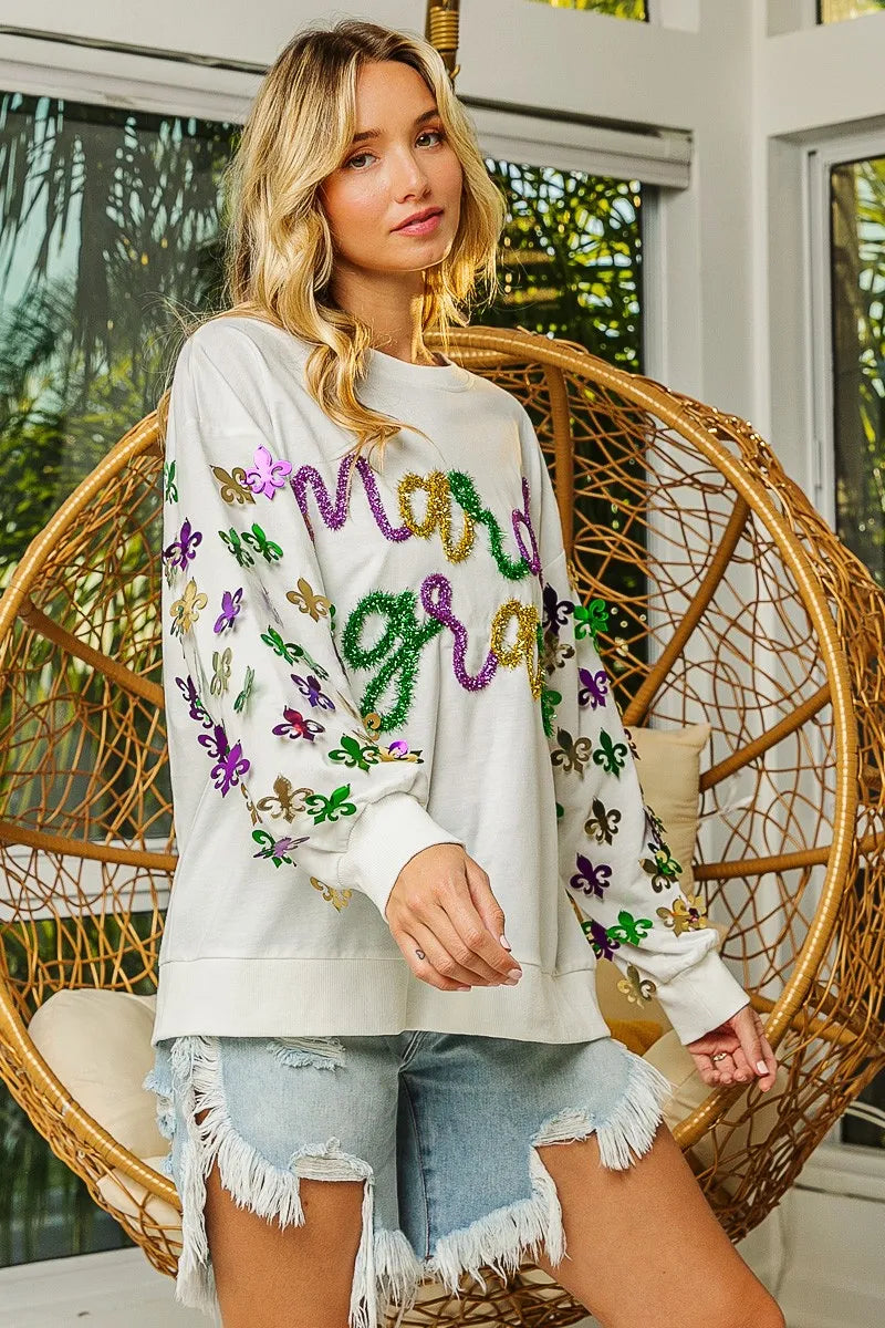 BiBi BiBi Fleur De Lis Sleeve Mardi Gras Pullover