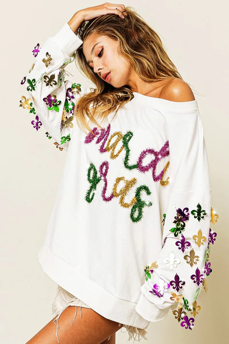BiBi BiBi Fleur De Lis Sleeve Mardi Gras Pullover