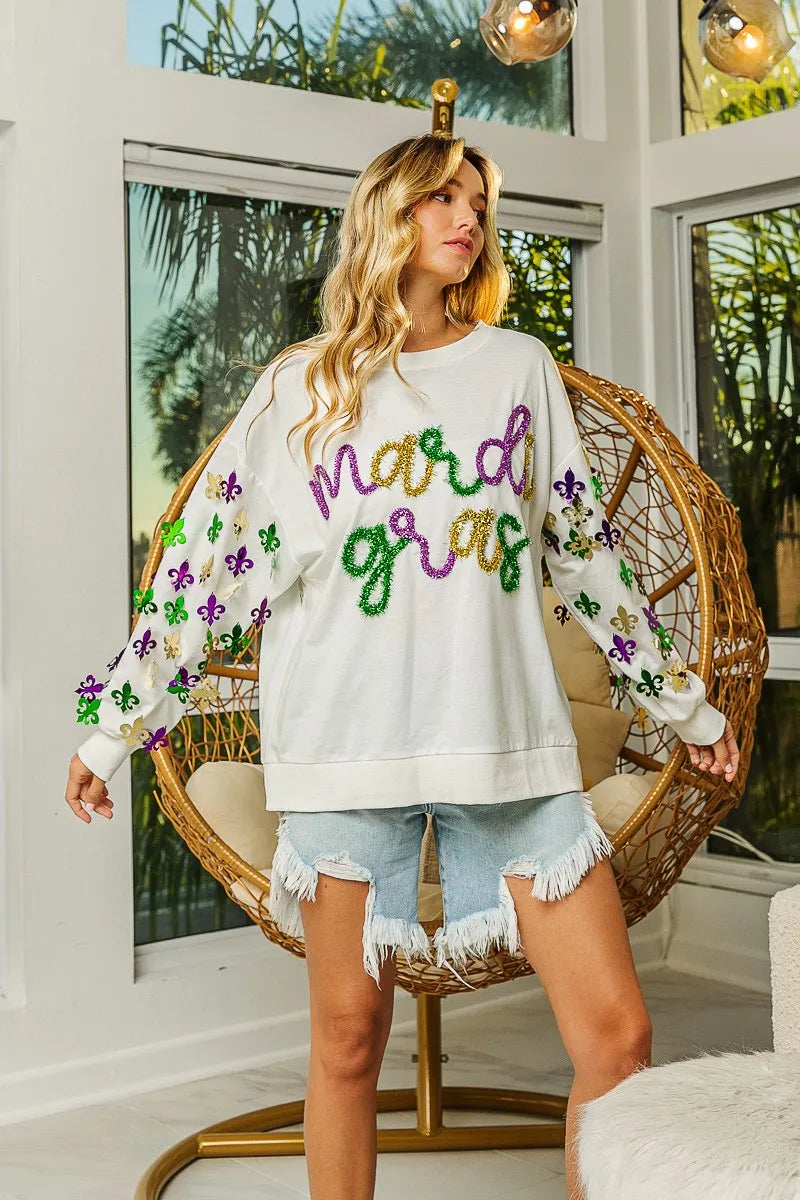BiBi BiBi Fleur De Lis Sleeve Mardi Gras Pullover