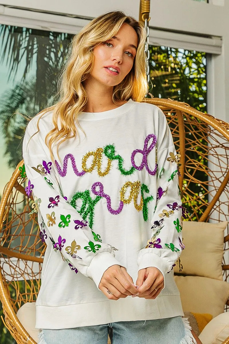 BiBi BiBi Fleur De Lis Sleeve Mardi Gras Pullover