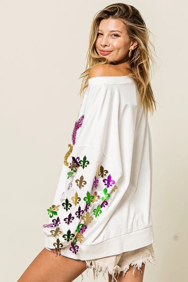 BiBi BiBi Fleur De Lis Sleeve Mardi Gras Pullover