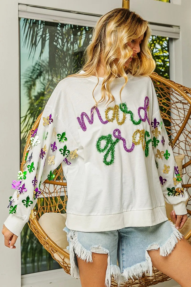 BiBi BiBi Fleur De Lis Sleeve Mardi Gras Pullover