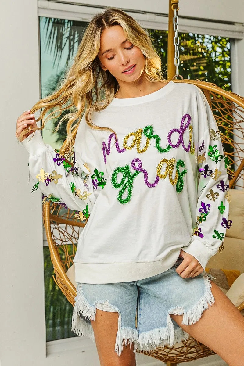 BiBi BiBi Fleur De Lis Sleeve Mardi Gras Pullover