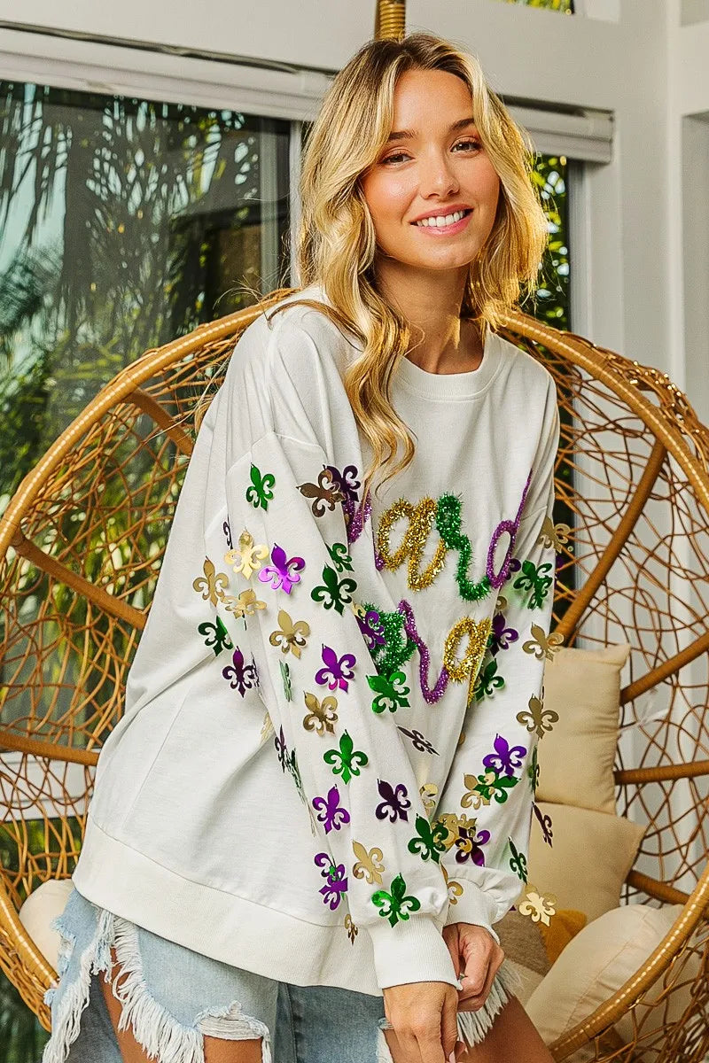 BiBi BiBi Fleur De Lis Sleeve Mardi Gras Pullover
