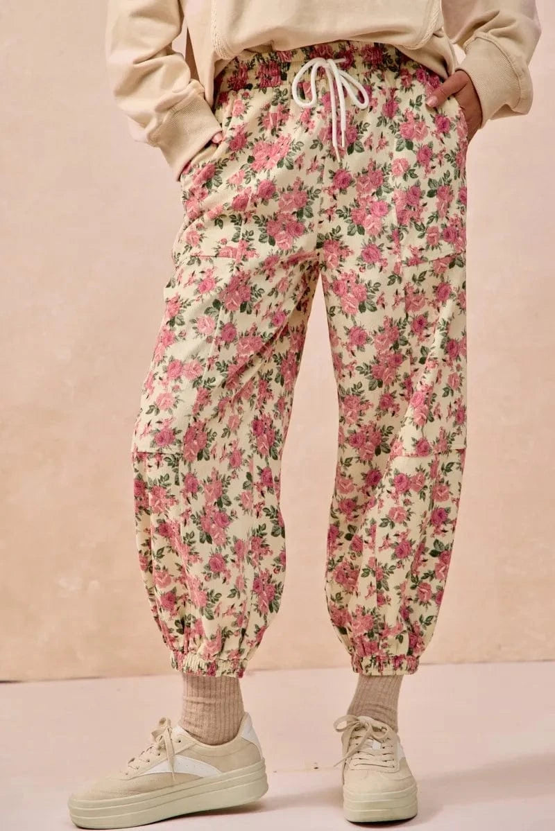 BiBi BiBi Floral Printed Twill Drawstring Pants With Elastic Band
