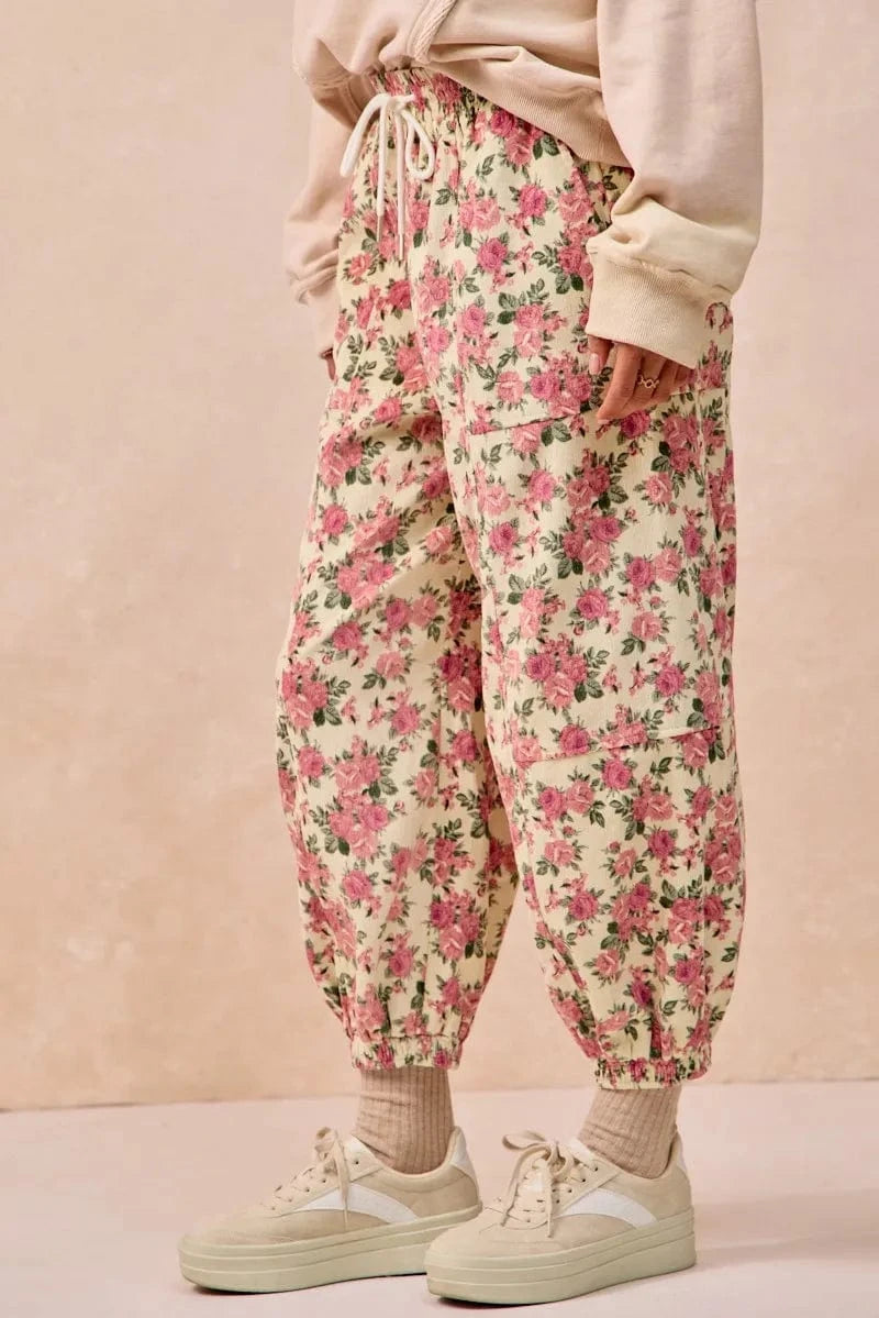 BiBi BiBi Floral Printed Twill Drawstring Pants With Elastic Band