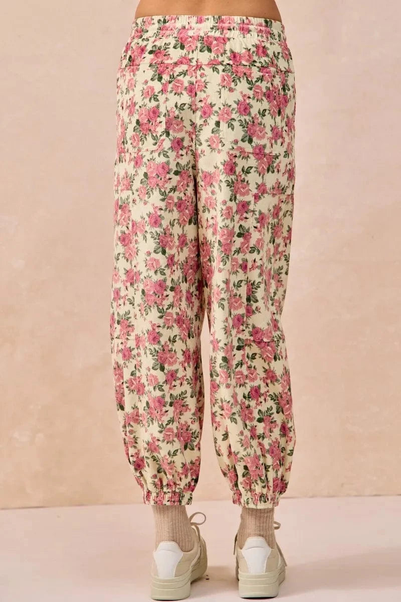 BiBi BiBi Floral Printed Twill Drawstring Pants With Elastic Band