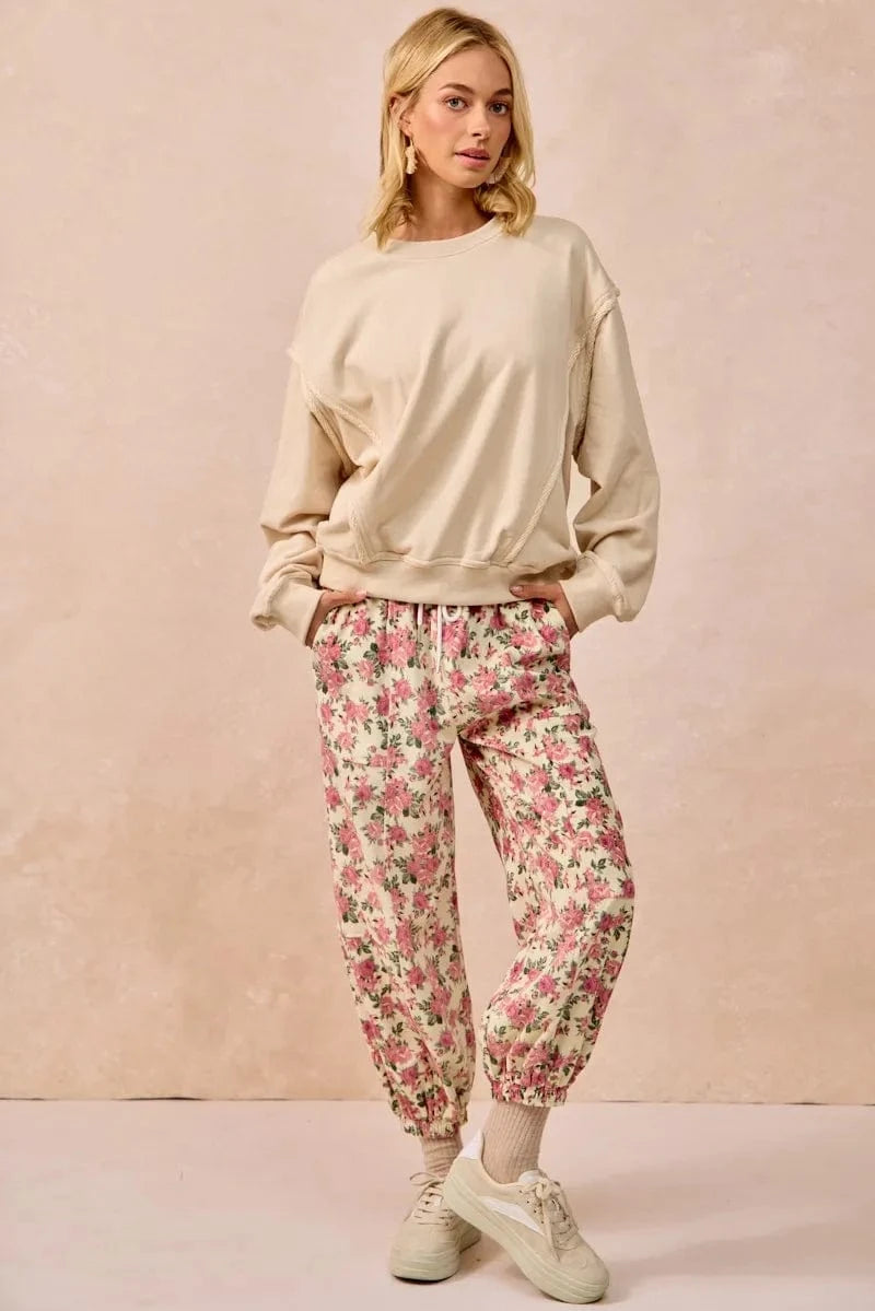 BiBi BiBi Floral Printed Twill Drawstring Pants With Elastic Band