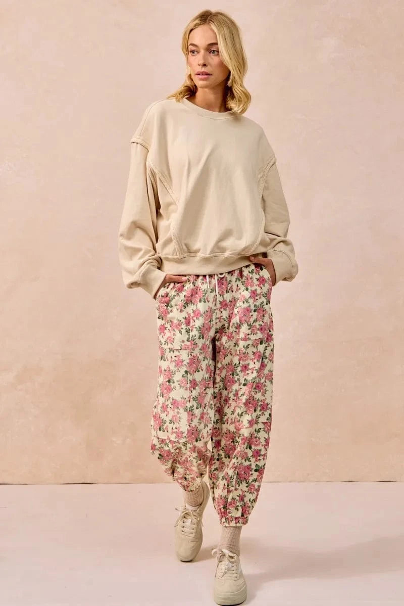BiBi BiBi Floral Printed Twill Drawstring Pants With Elastic Band