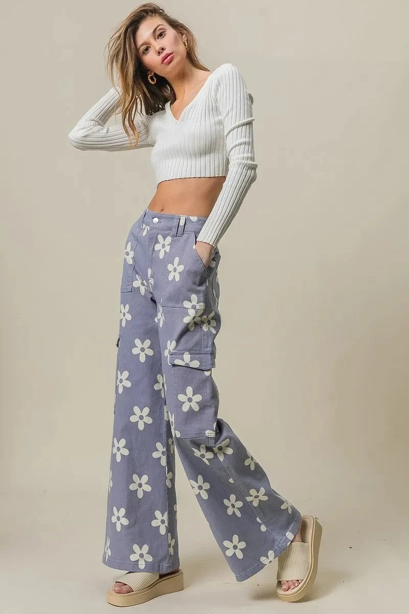BiBi BiBi Flower Printed Side Pocket Wide Pants