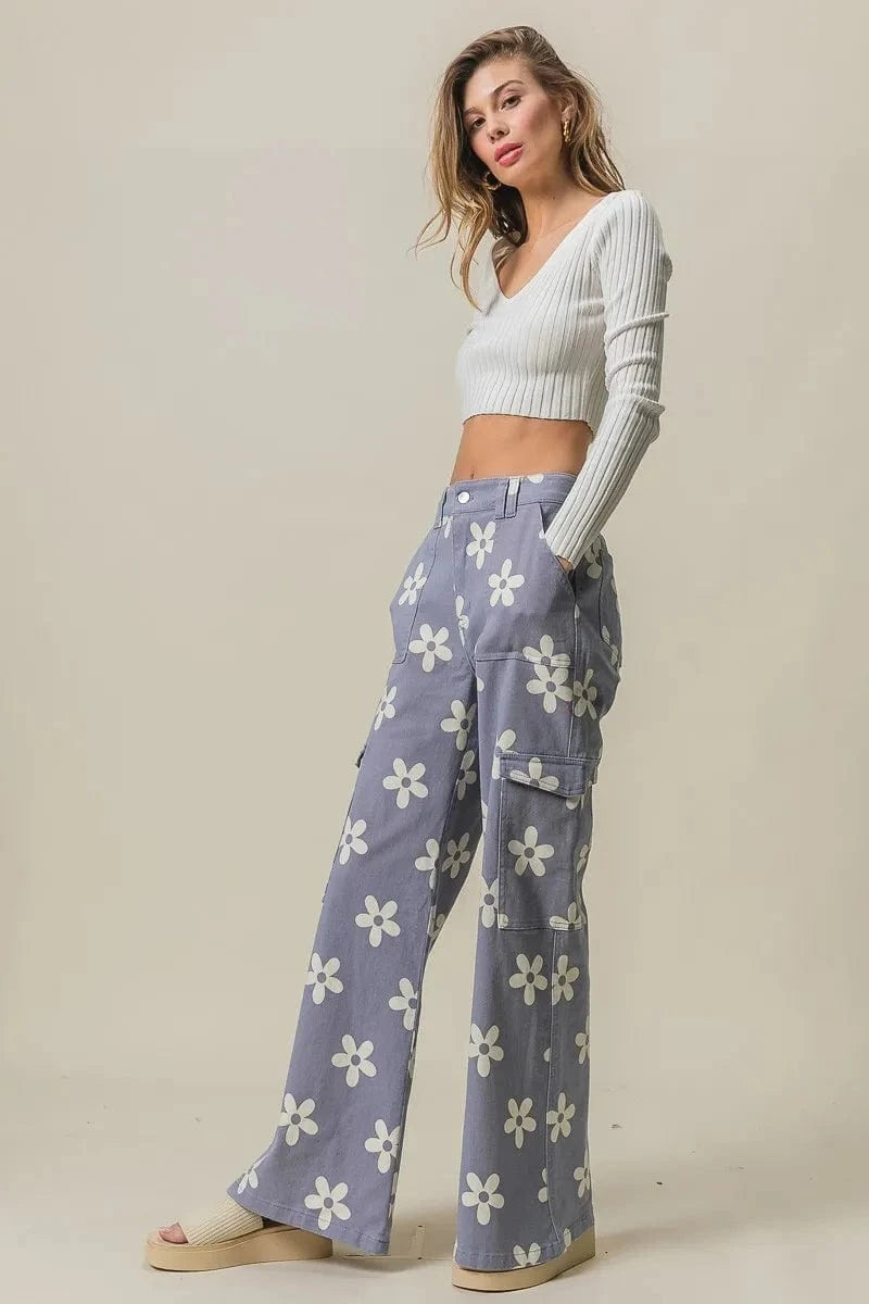 BiBi BiBi Flower Printed Side Pocket Wide Pants