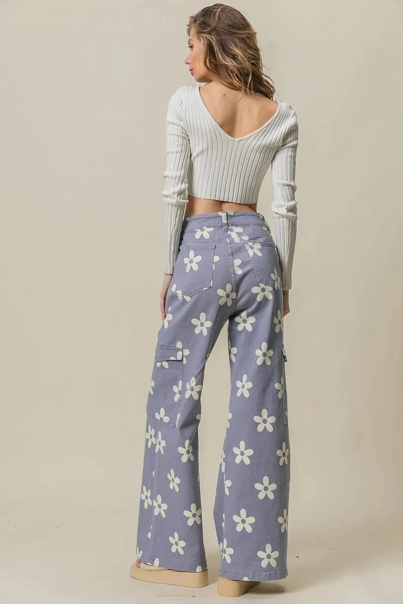 BiBi BiBi Flower Printed Side Pocket Wide Pants