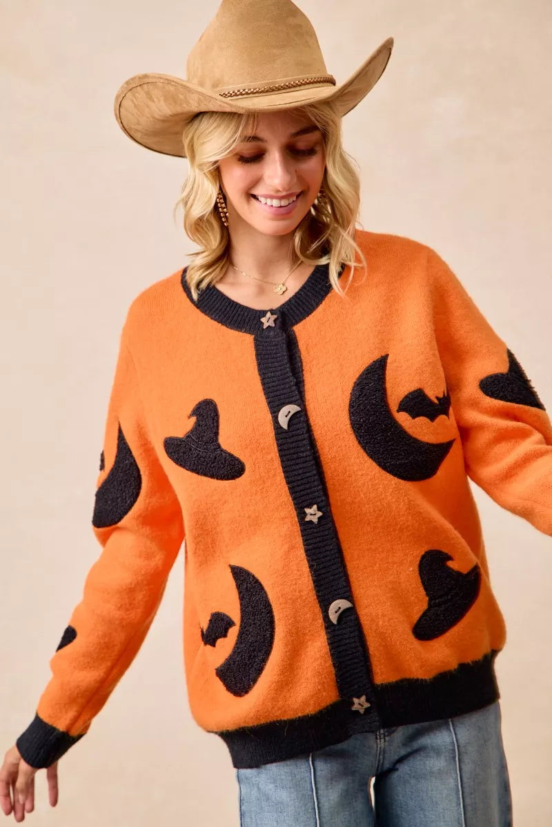 BiBi BiBi Halloween Witch Hat Moon Bat Artwork Cardigan