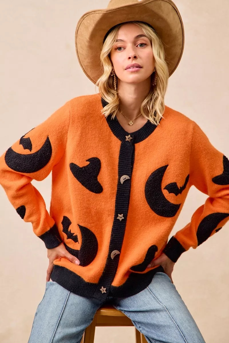 BiBi BiBi Halloween Witch Hat Moon Bat Artwork Cardigan